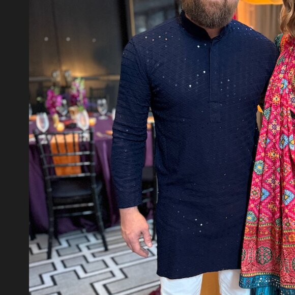 Blue Traditional Chikankari Mens Desi Kurta - Picture 5 of 6